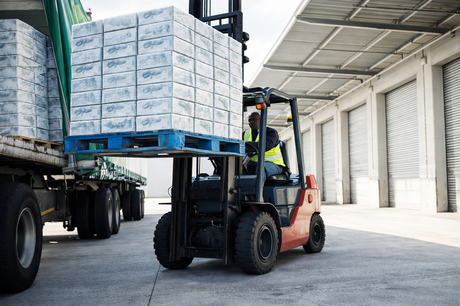 Forklift operator handling frozen food pallets