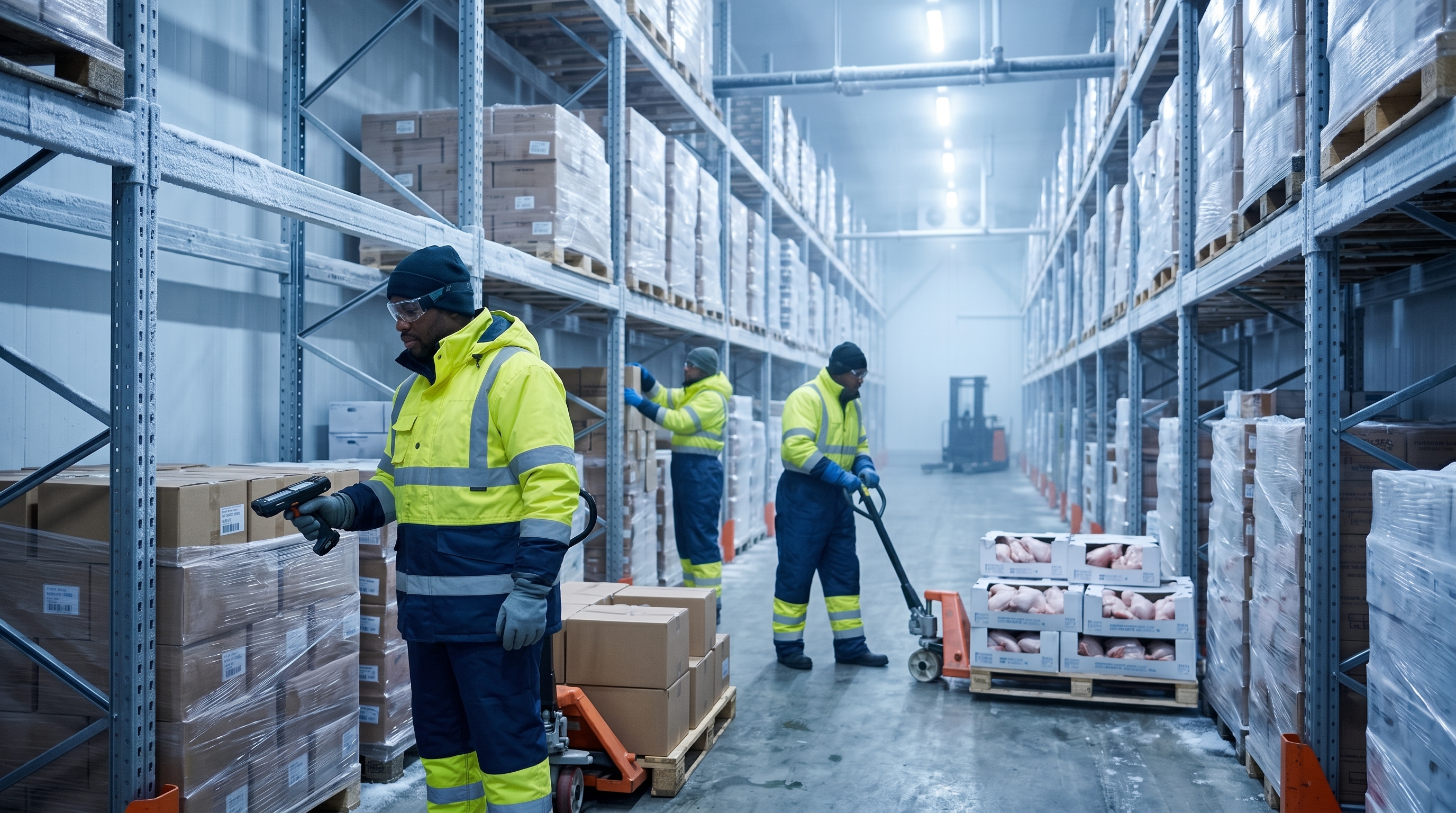 Warehouse workers organizing frozen goods